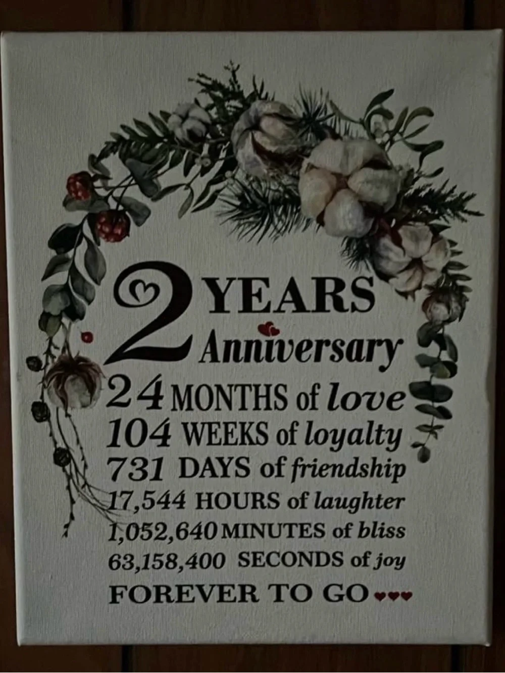 2 Years Anniversary Canvas Sign - White with Green and Brown Floral Accents